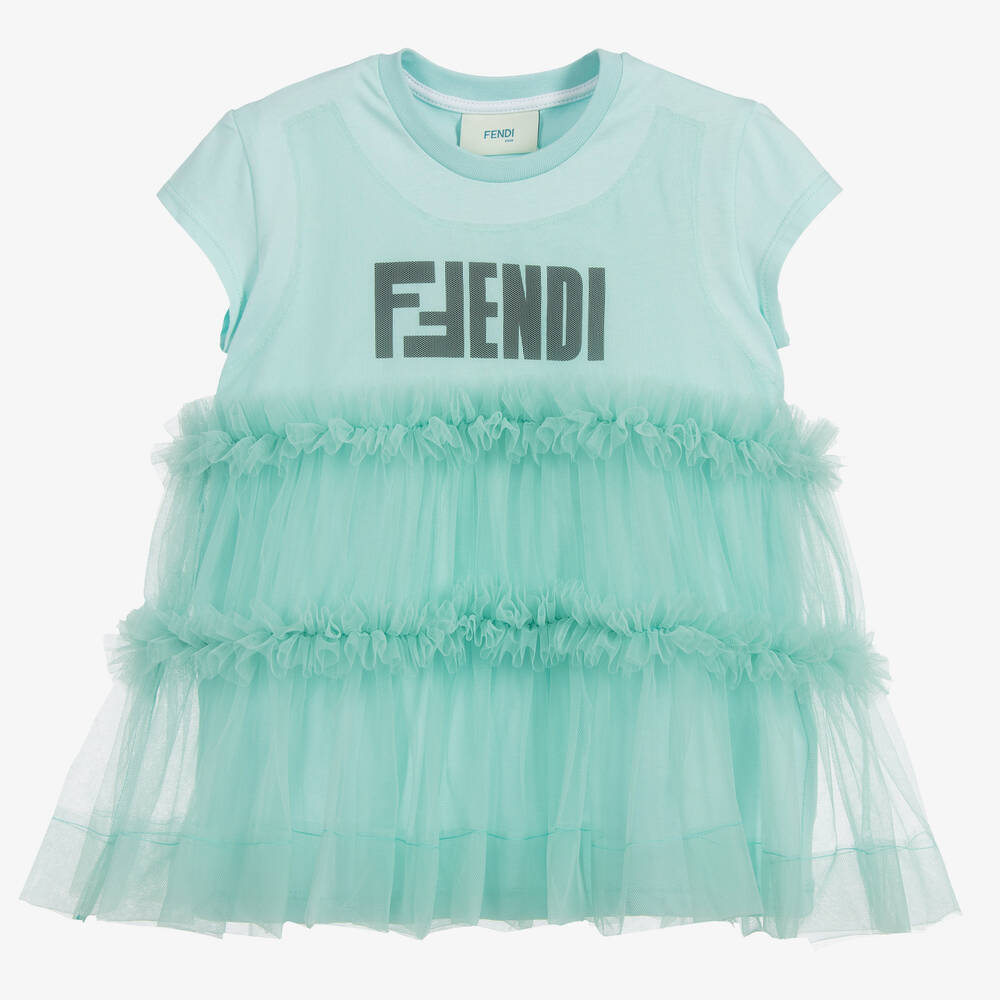 Fendi - تيشيرت تول وقطن لون أزرق أكوا للبنات | Childrensalon