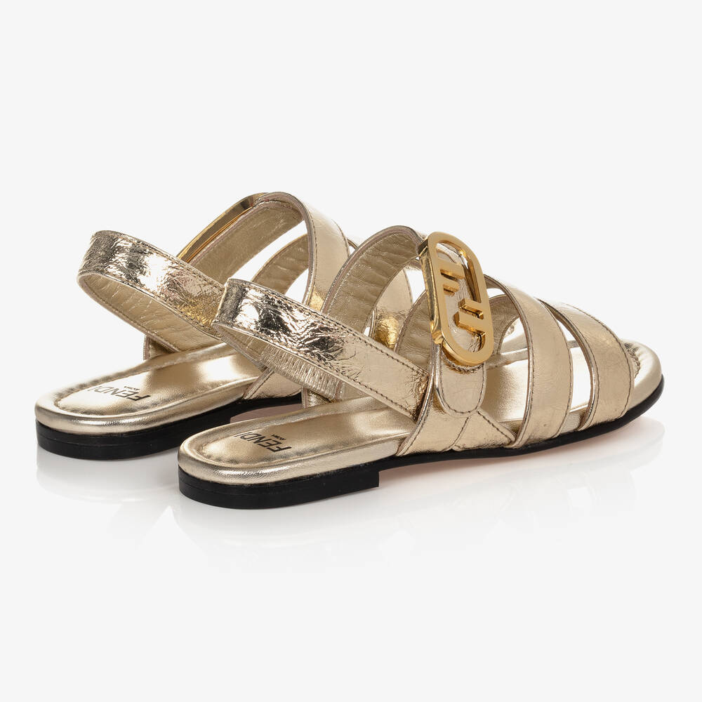 Fendi Girls Gold Leather Logo Sandals