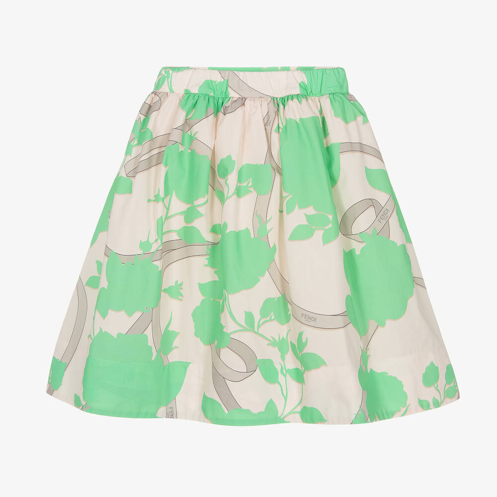 Fendi-Girls Green & Beige Cotton Logo Skirt | Childrensalon Outlet