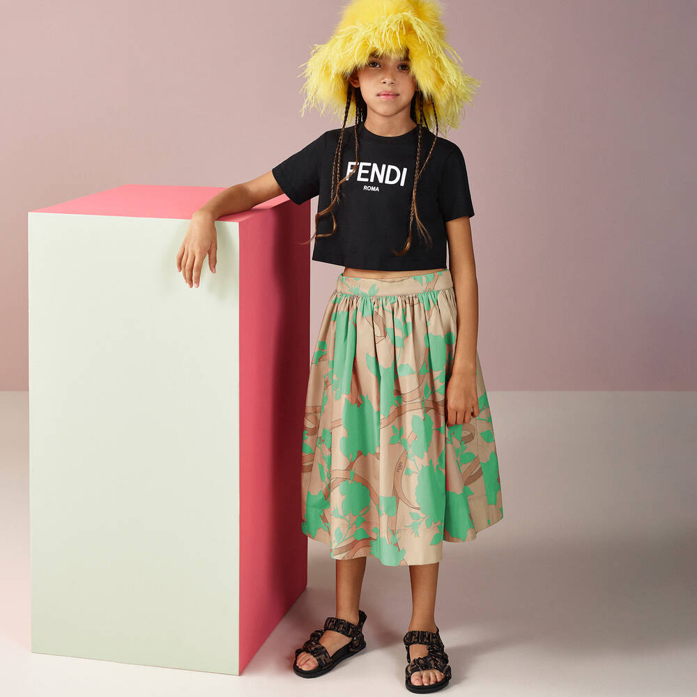 Fendi-Girls Green & Beige Cotton Logo Skirt | Childrensalon Outlet