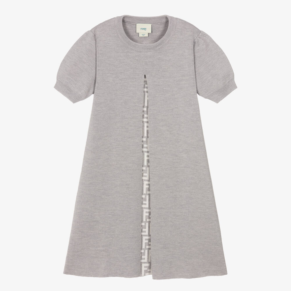 Fendi-Платье из серой шерсти с логотипом для девочек | Childrensalon Outlet