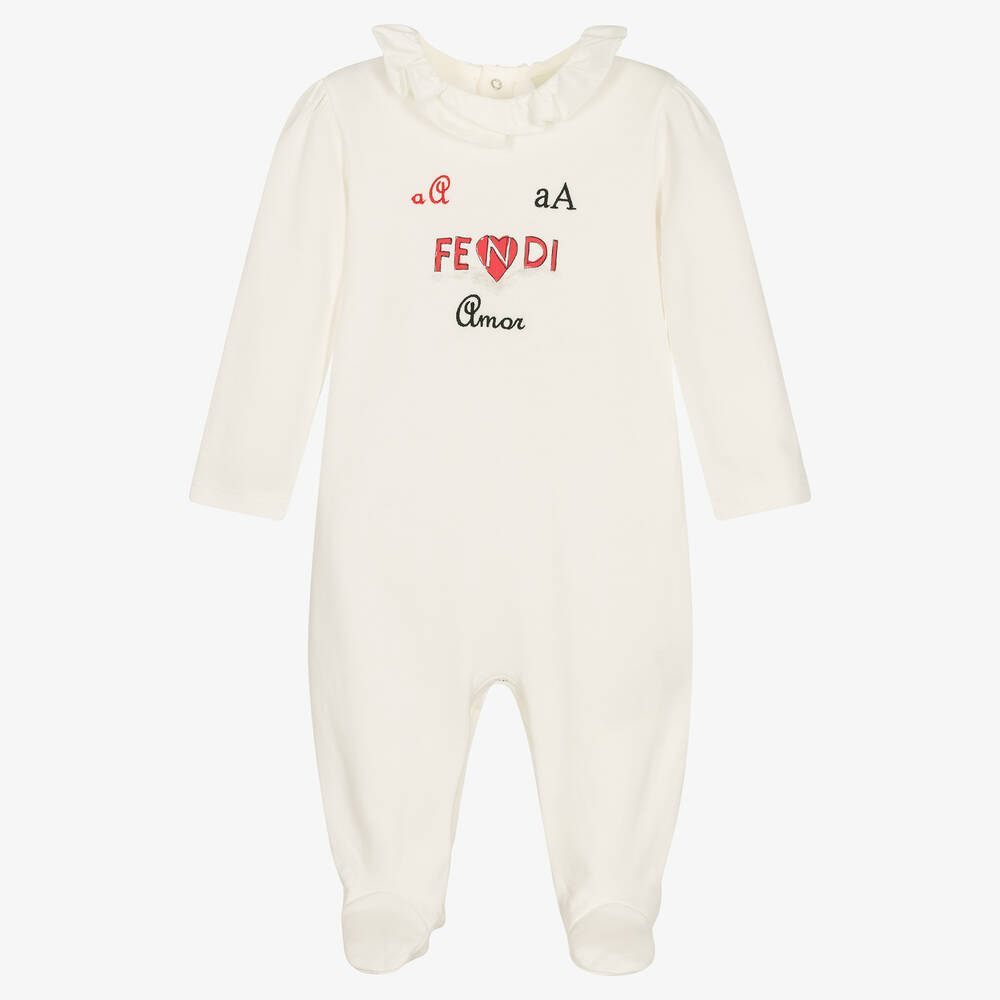 Fendi - Girls Ivory Cotton Logo Babygrow | Childrensalon