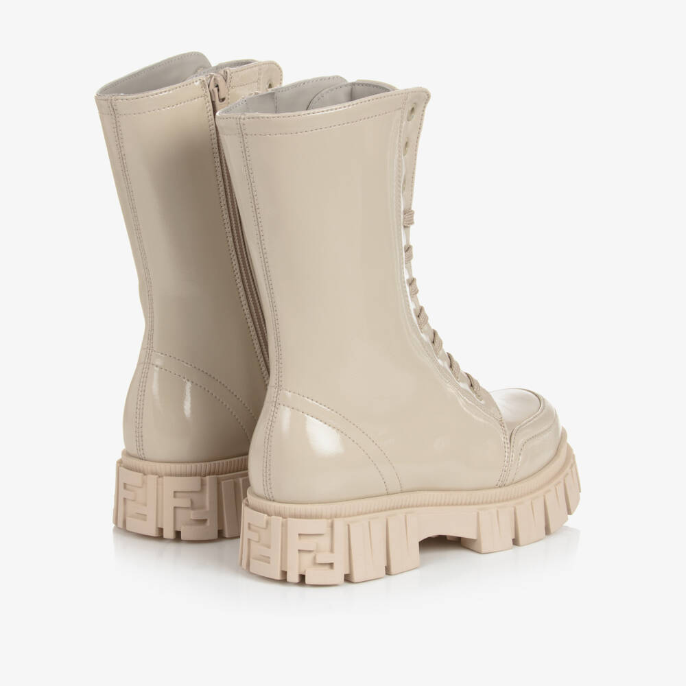 Fendi-Girls Ivory Patent Lace-Up Boots | Childrensalon Outlet