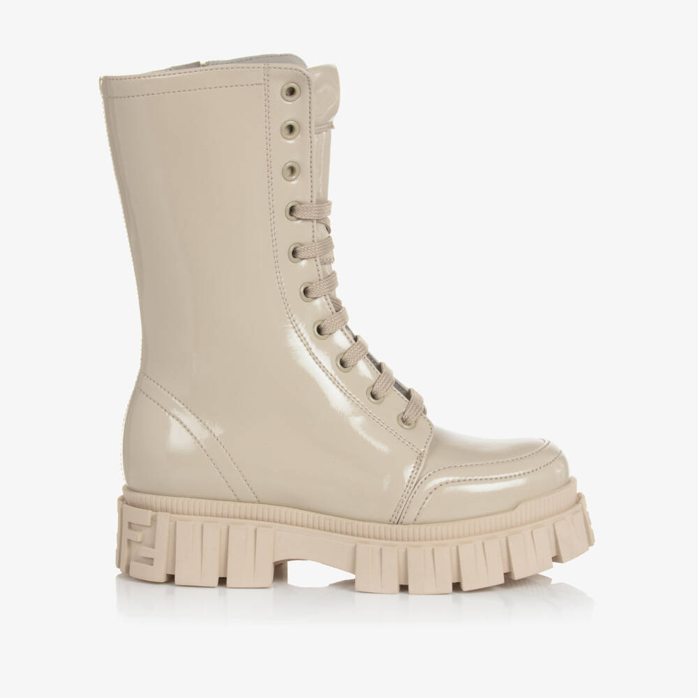 Fendi-Girls Ivory Patent Lace-Up Boots | Childrensalon Outlet