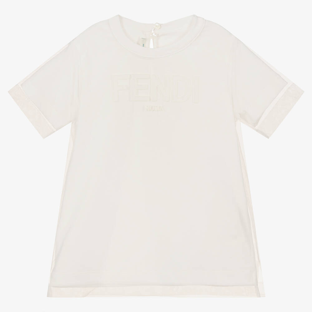 Fendi - Tüll-Overlay-T-Shirt in Elfenbein | Childrensalon