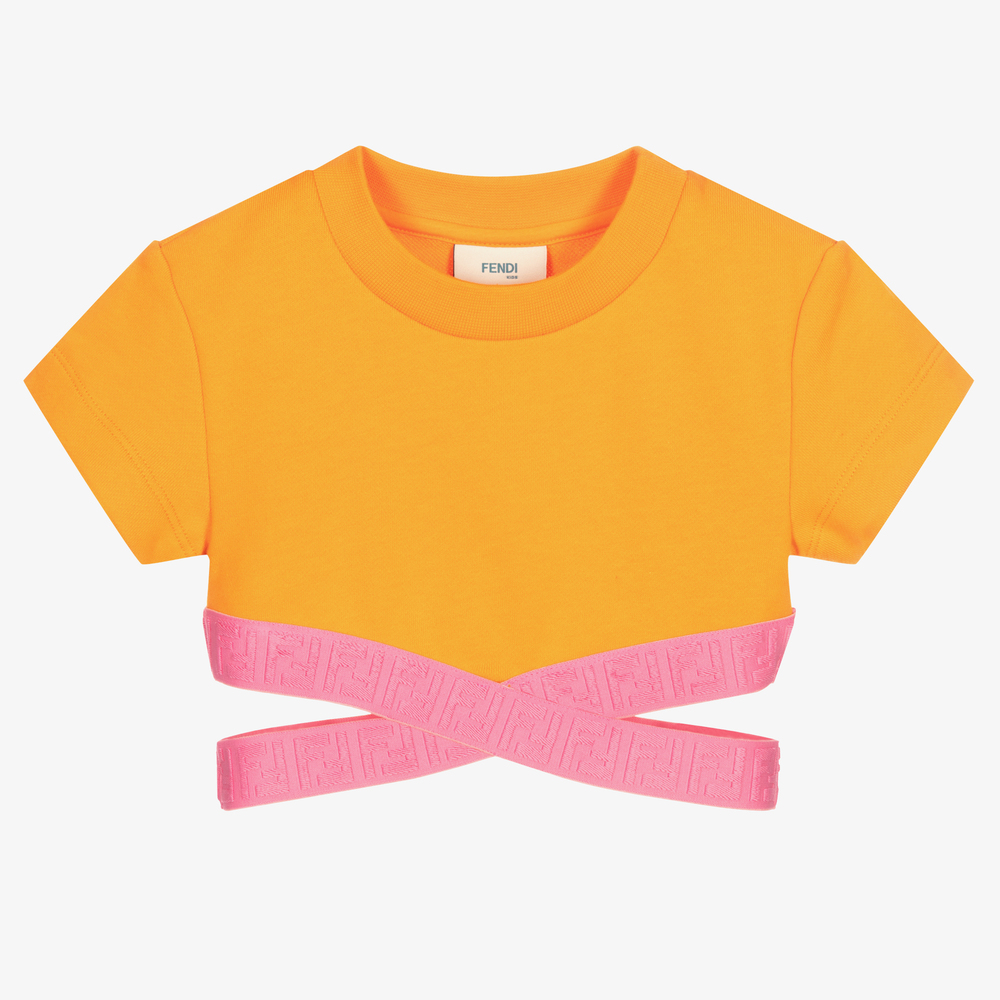 Fendi - تيشيرت قصير قطن لون برتقالي للبنات | Childrensalon