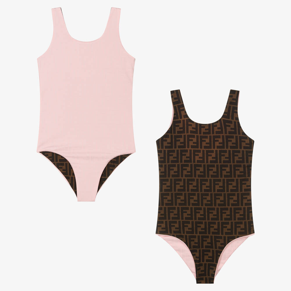 Fendi - Girls Pink & Brown Reversible FF Swimsuit | Childrensalon