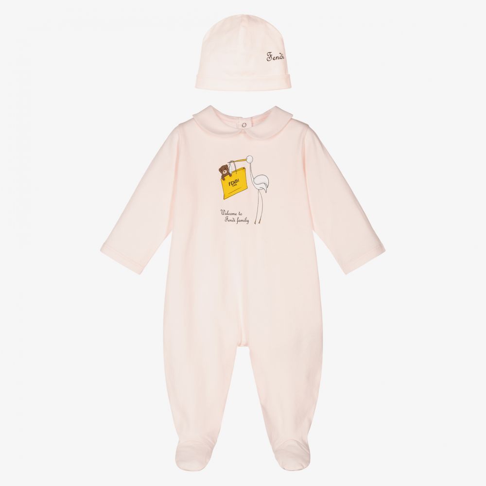 Fendi - Girls Pink Cotton Babygrow Set | Childrensalon