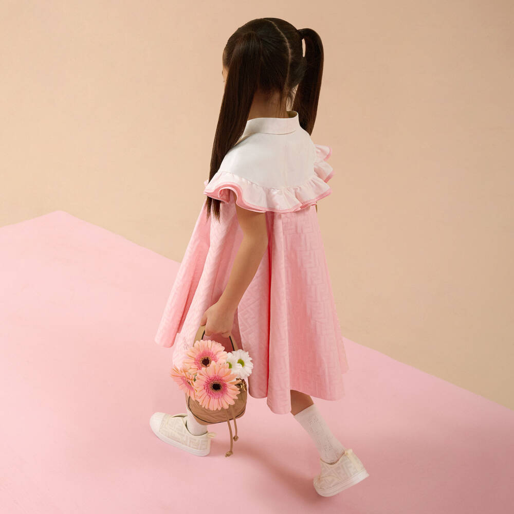 Fendi-Girls Pink Cotton Jacquard Dress | Childrensalon Outlet