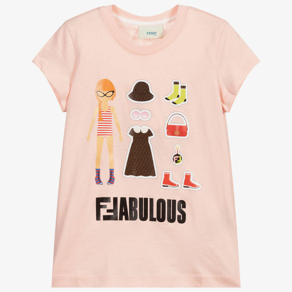 Fendi - Girls Pink Cotton Logo T-Shirt | Childrensalon
