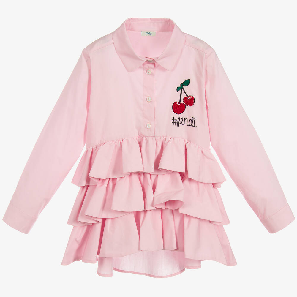 Fendi - Girls Pink Cotton Ruffle Shirt | Childrensalon