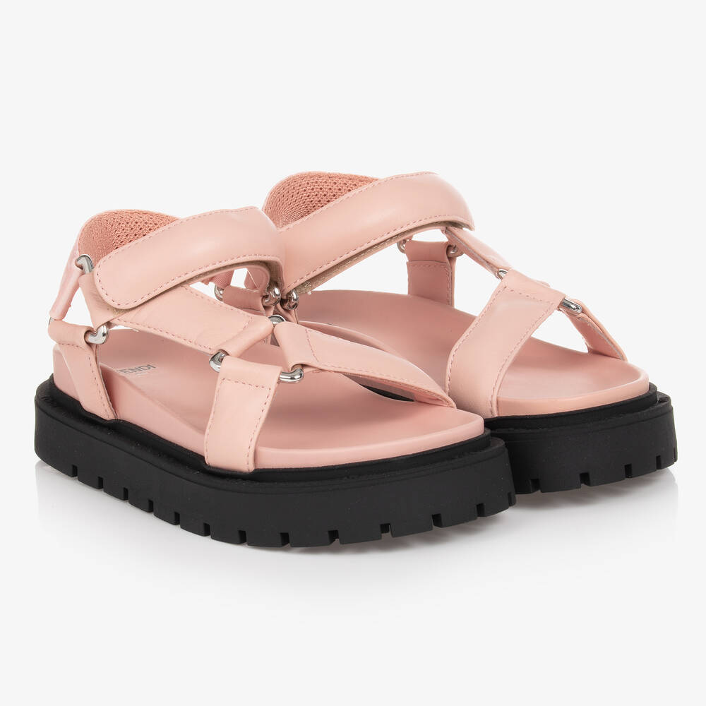 Fendi - Girls Pink Leather Chunky Logo Sandals | Childrensalon