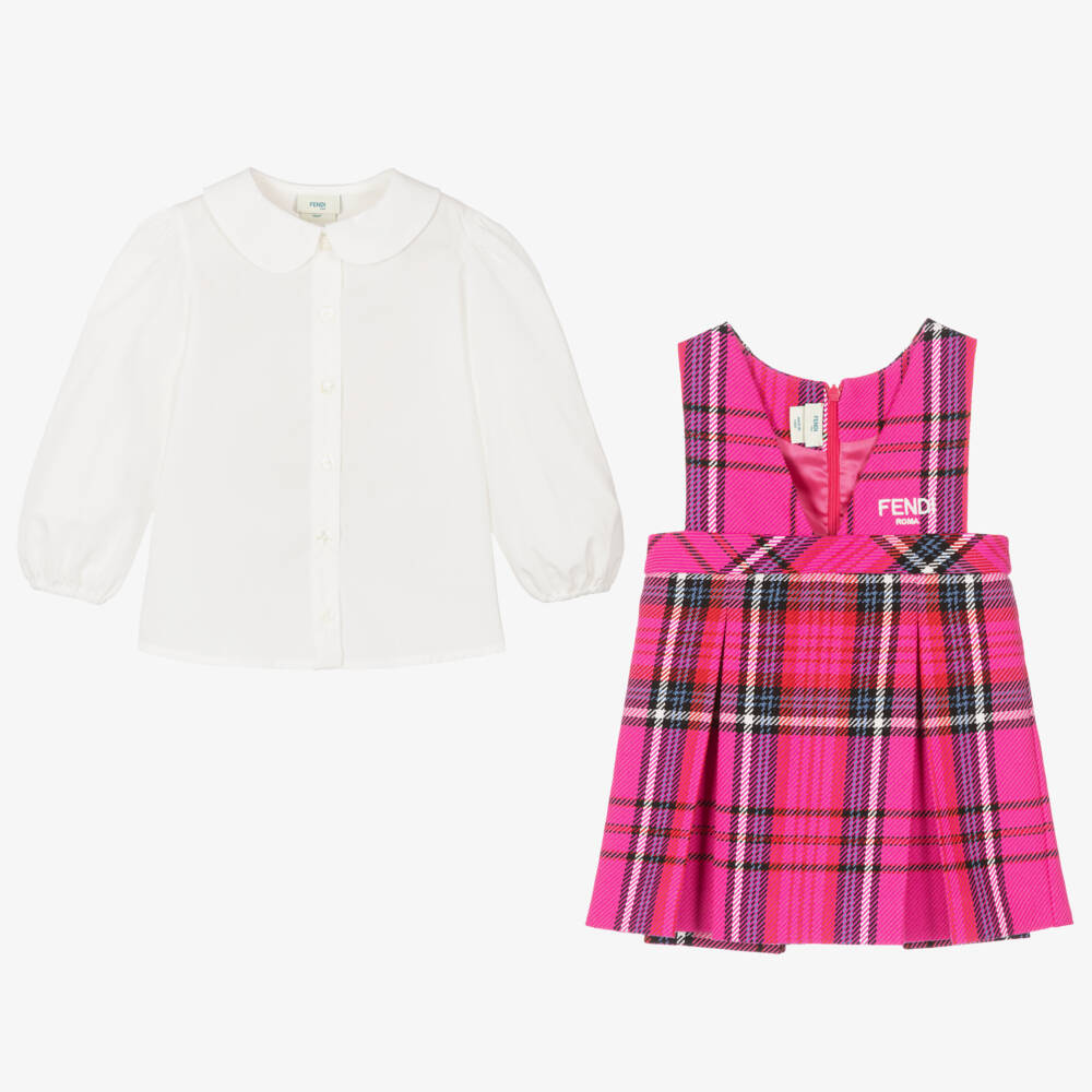 Fendi-Girls Pink Tartan Dress Ensemble | Childrensalon Outlet