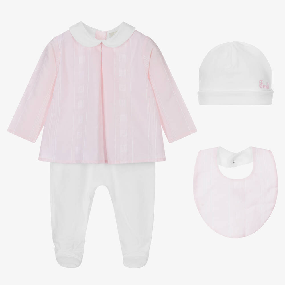 Fendi - Girls Pink & White Babysuit Gift Set | Childrensalon Outlet