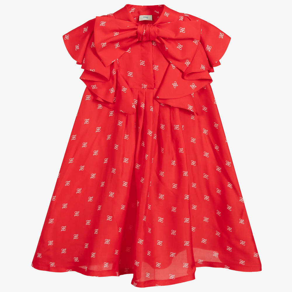 Fendi - فستان مزيج فيسكوز وحرير لون أحمر | Childrensalon