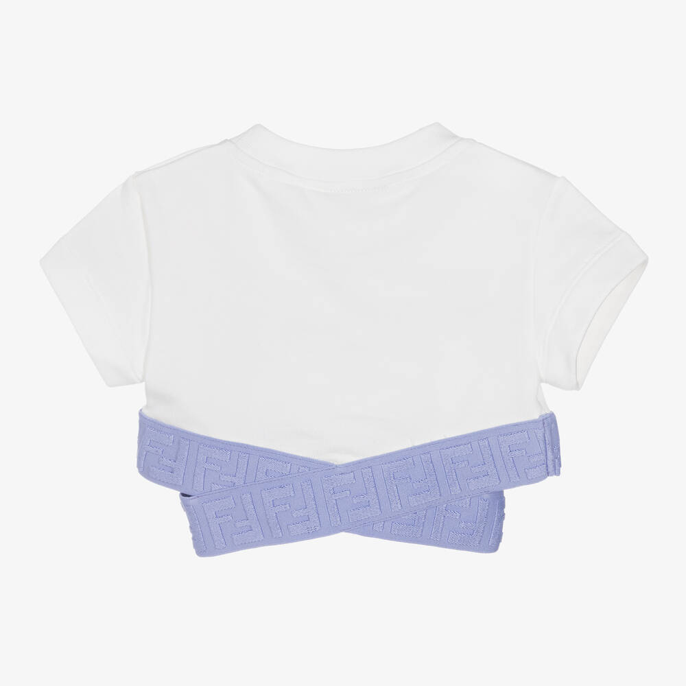Fendi - Girls White & Blue Cropped FF Logo Top