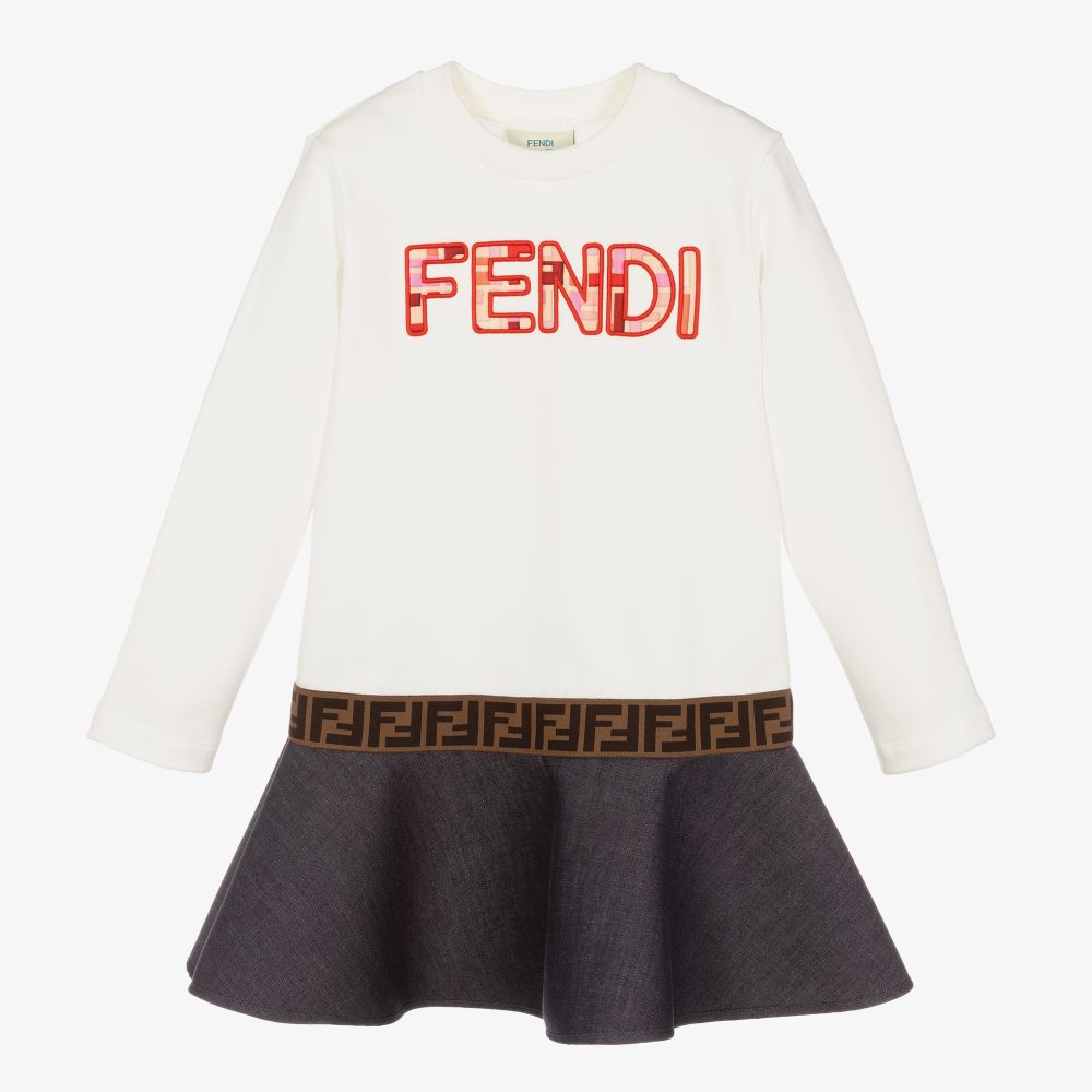 Fendi - Robe blanche et bleue Fille  | Childrensalon