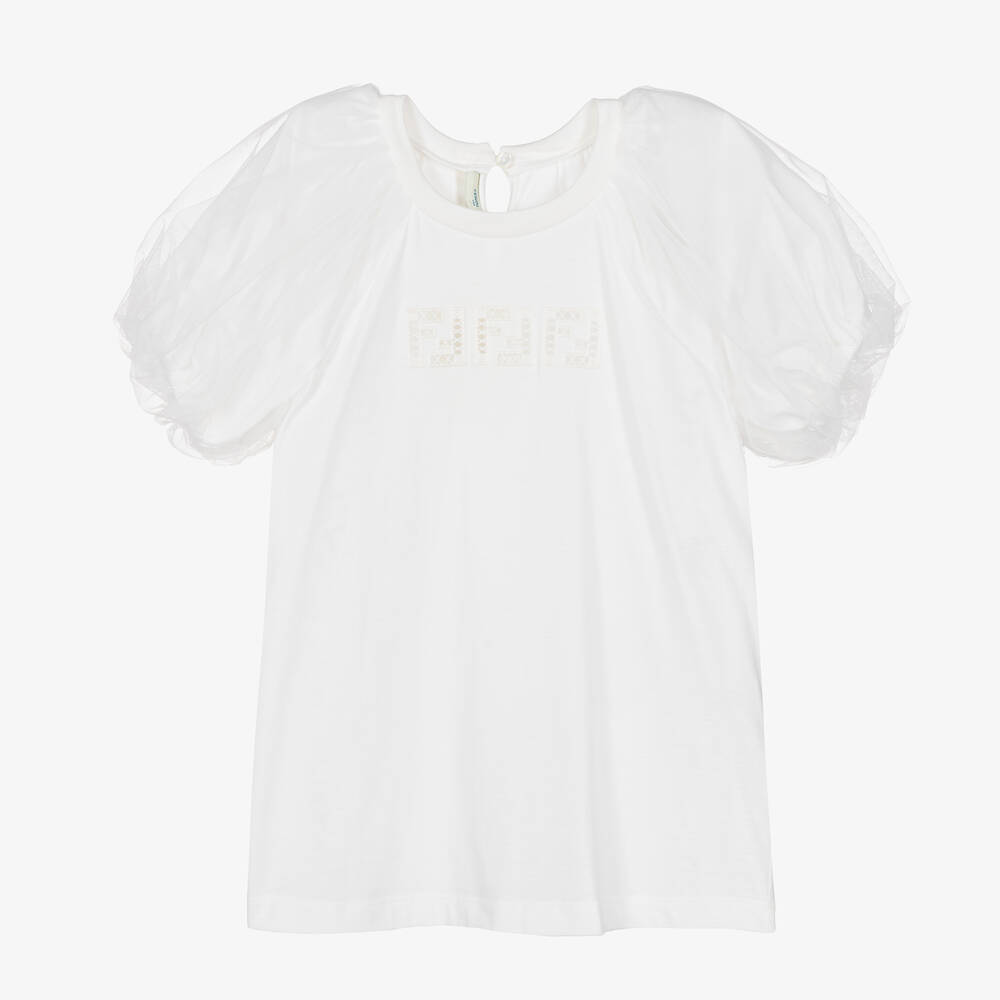Fendi - Girls White Cotton Logo T-Shirt | Childrensalon