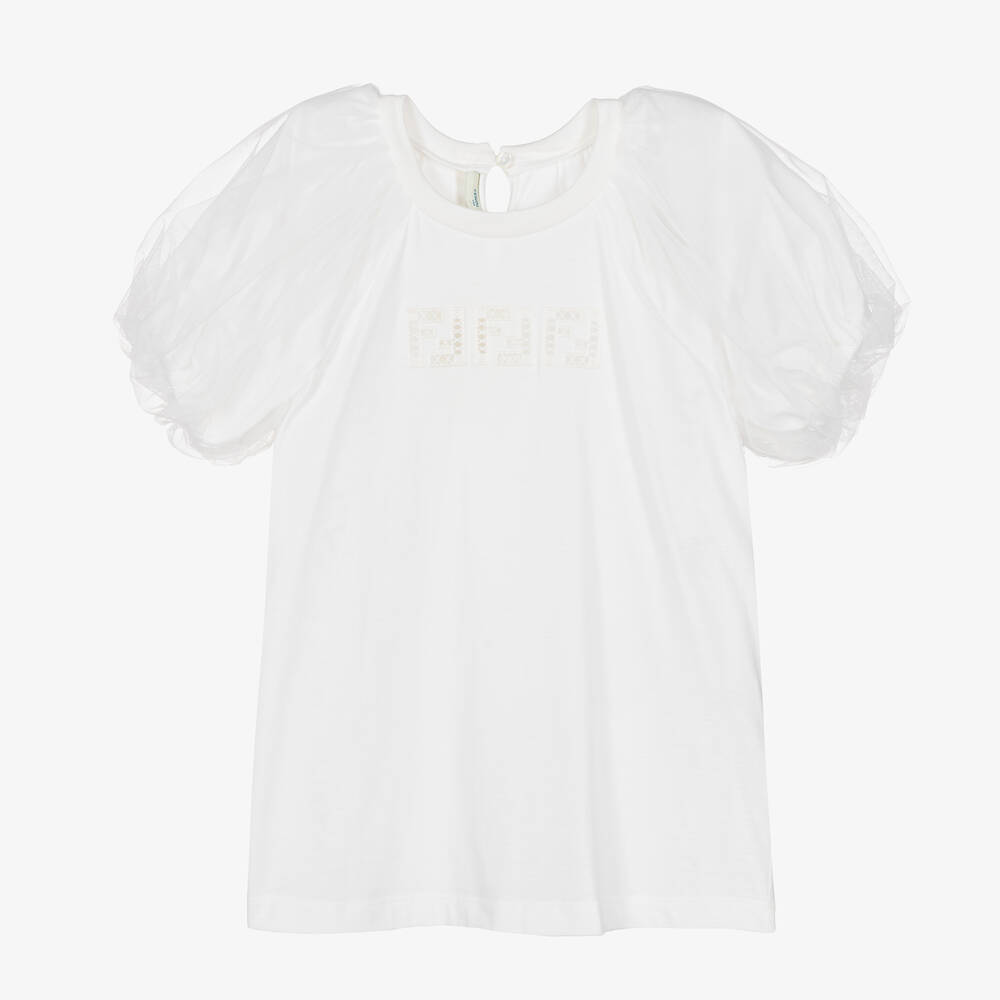 Fendi-Girls White Cotton Logo T-Shirt | Childrensalon Outlet