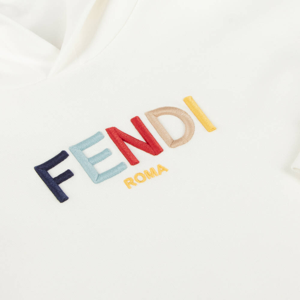 Fendi-فستان أبيض بناتي من القطن مع كشكشات | Childrensalon Outlet