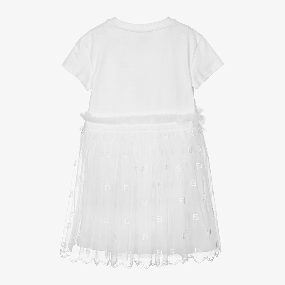Fendi-Girls White Cotton Tulle Logo Dress | Childrensalon Outlet
