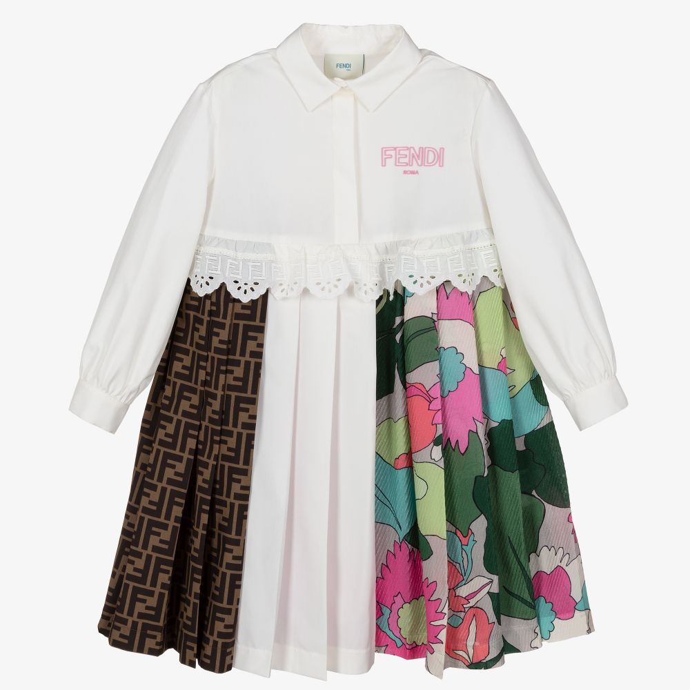 Fendi - فستان قميص قطن بوبلين وحرير لون أبيض | Childrensalon
