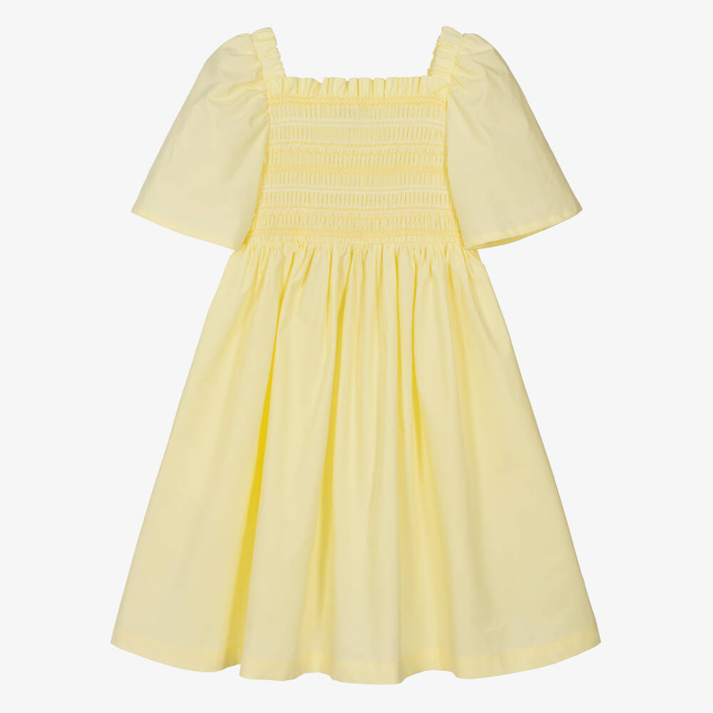 Fendi-Girls Yellow Cotton Dress With Smocking | Childrensalon Outlet