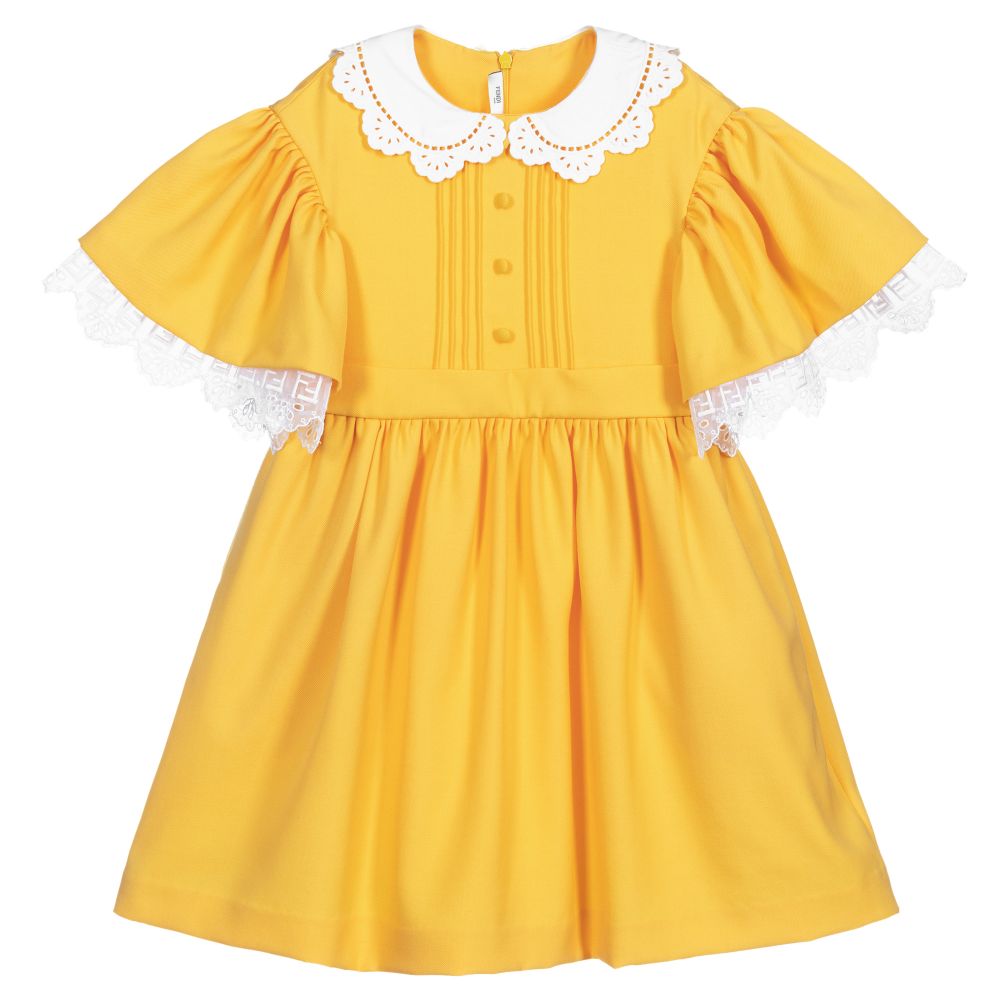 Fendi - Girls Yellow Wool & Lace Dress | Childrensalon