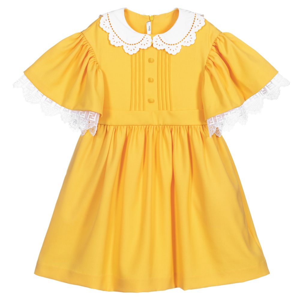 Fendi - Robe jaune en laine à dentelle Fille | Childrensalon