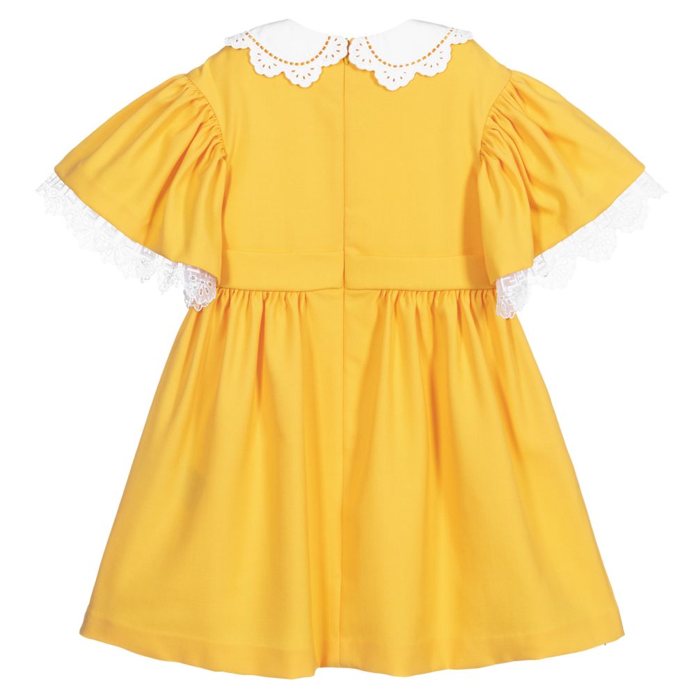 Fendi-Girls Yellow Wool & Lace Dress | Childrensalon Outlet