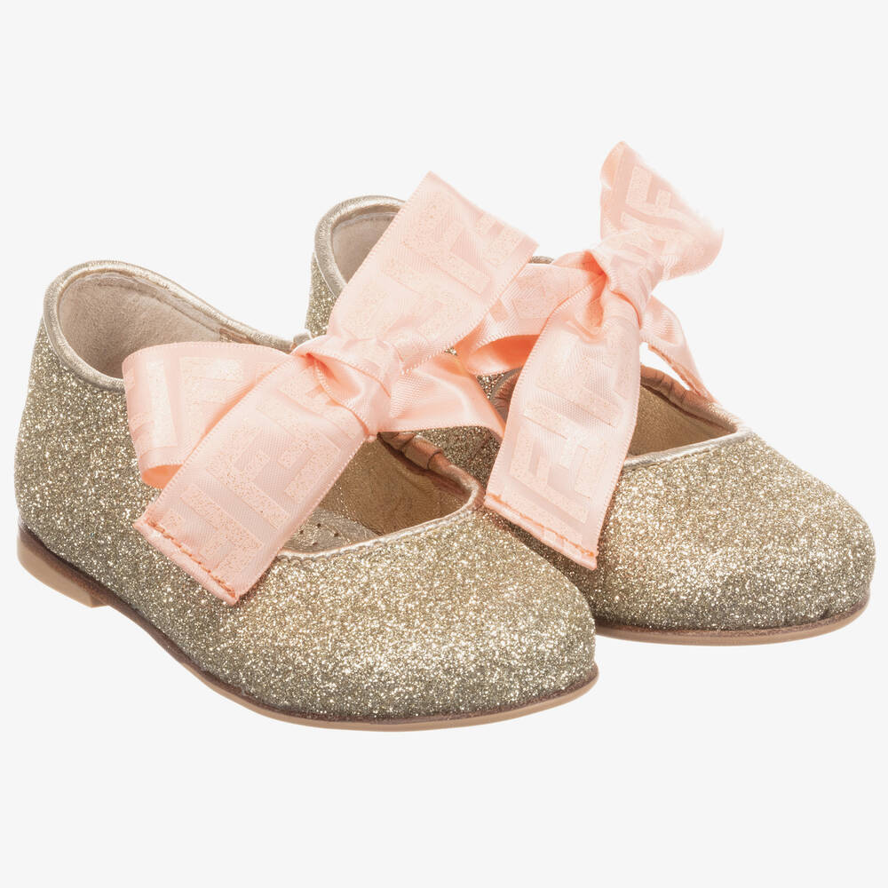 Fendi - Gold Leather Glitter Shoes | Childrensalon