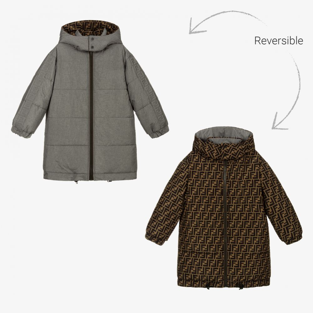 Fendi - Manteau réversible gris et marron FF | Childrensalon