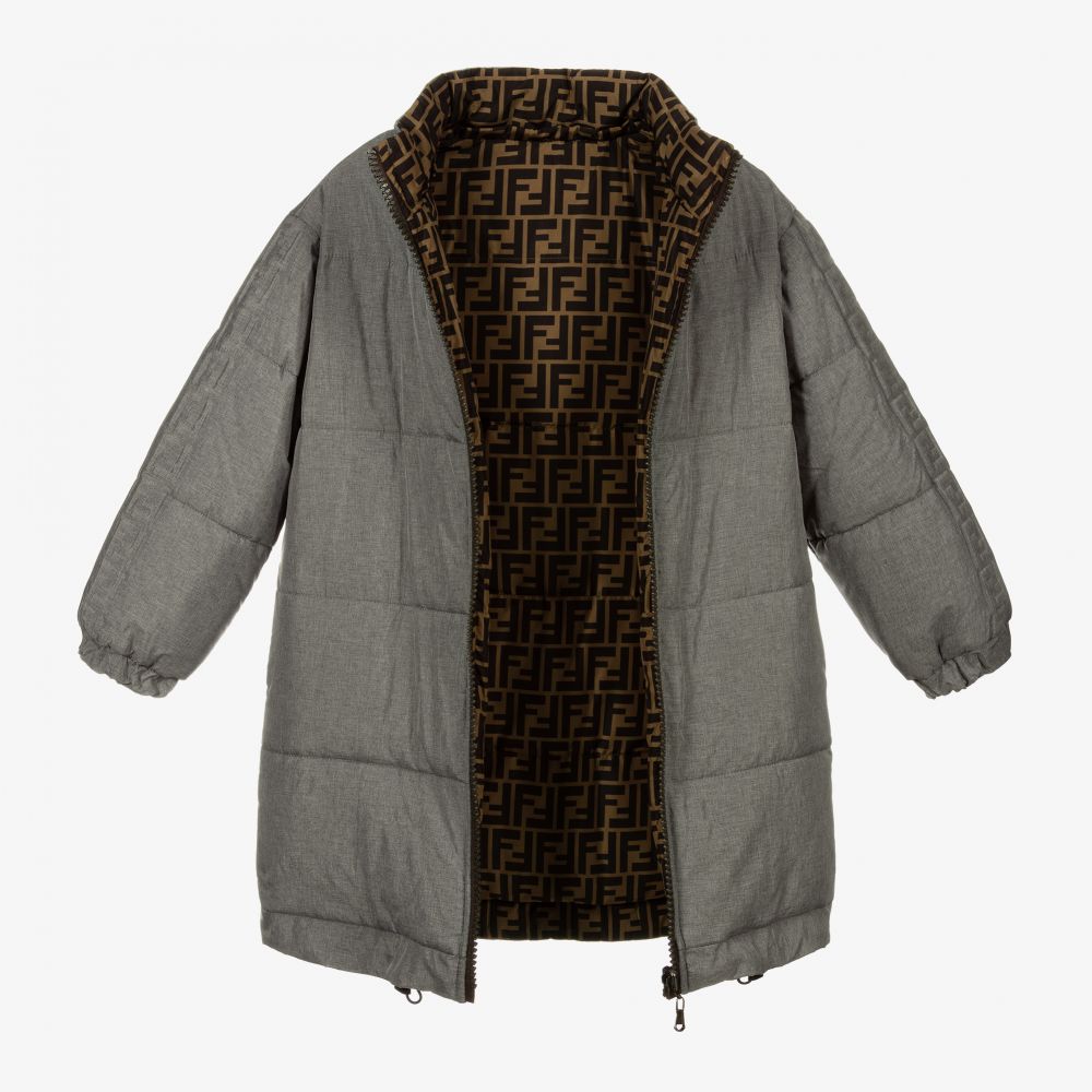 فندي-معطف بوجهين لون رمادي وبنّي مبطن بريش | Childrensalon Outlet