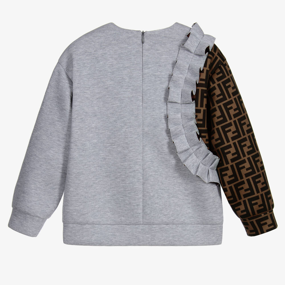 Fendi-سويتشيرت قطن نيوبرين لون رمادي وبنّي للبنات | Childrensalon Outlet
