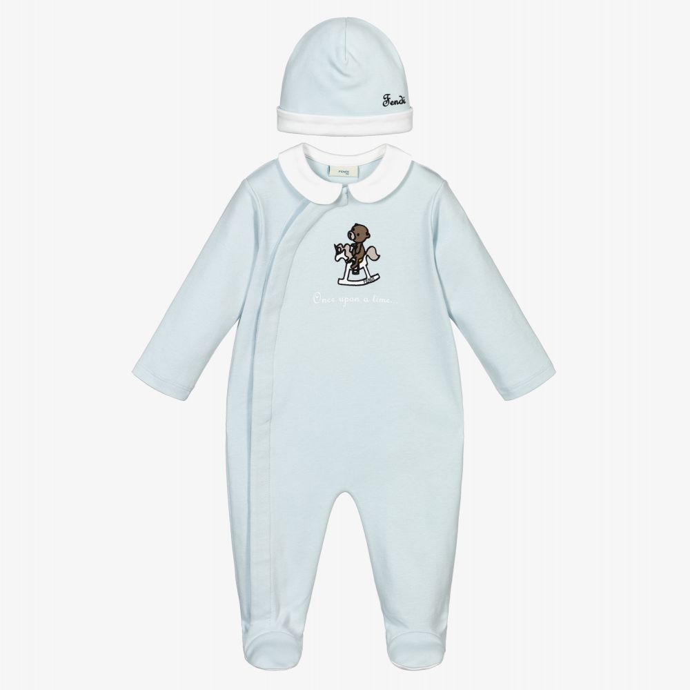 Fendi - Pale Blue Babygrow & Hat Set | Childrensalon