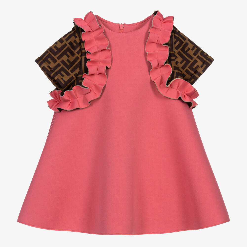 Fendi - Коричнево-розовое платье с принтом FF для малышей | Childrensalon