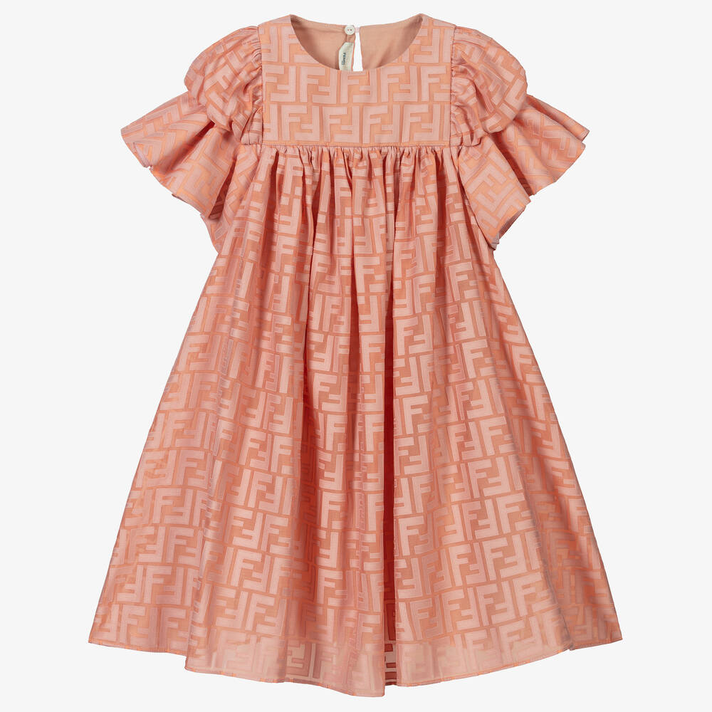 Fendi - Розовое платье из ткани деворе с принтом FF  | Childrensalon