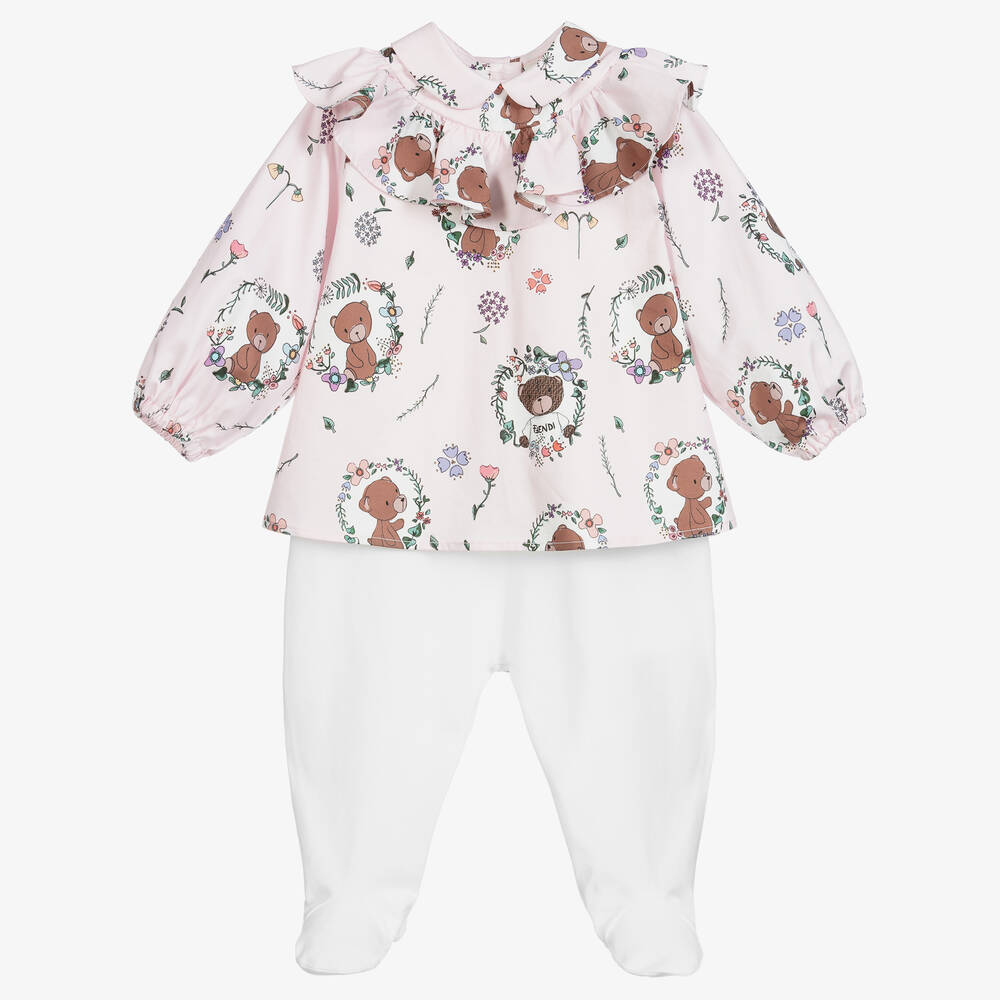 Fendi - Ensemble grenouillère rose imprimé nounours  | Childrensalon