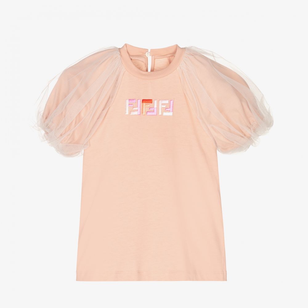 Fendi - Pink Tulle Sleeve Logo T-Shirt | Childrensalon