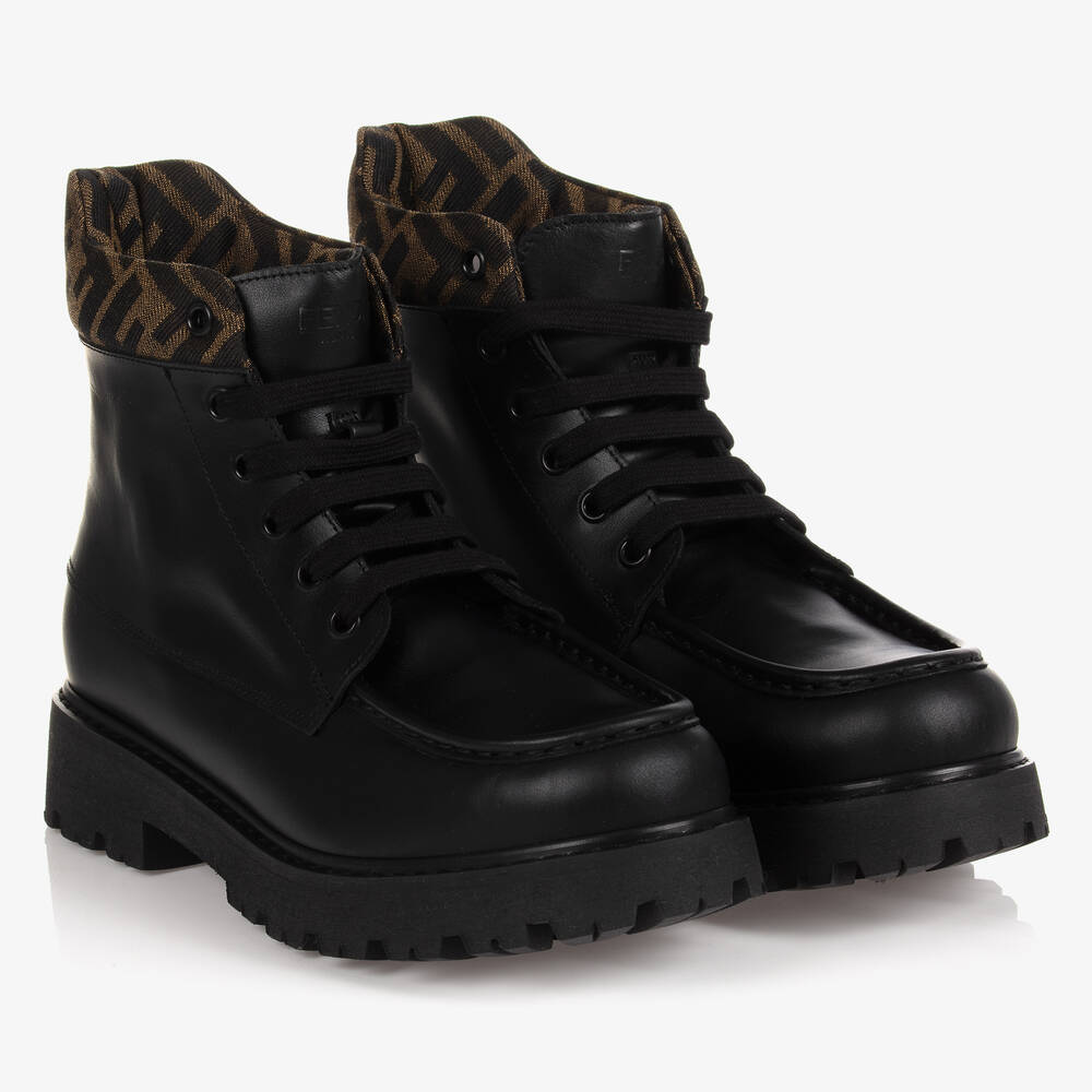 Fendi - Bottines noires en cuir FF ado | Childrensalon