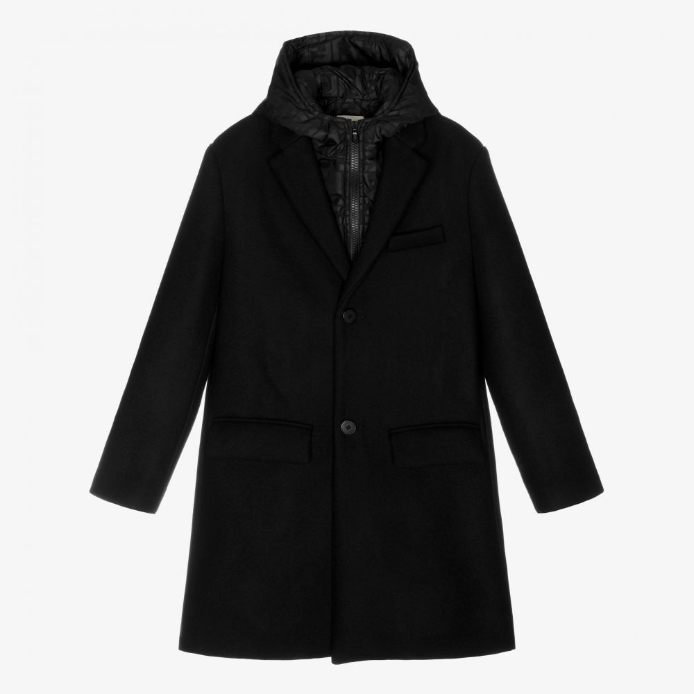 Fendi - Черное шерстяное пальто с принтом FF для подростков | Childrensalon