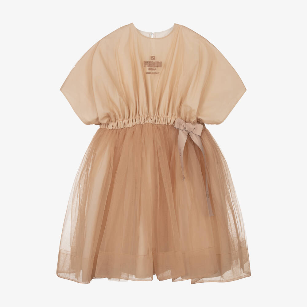 Fendi-Teen Girls Beige Tulle Logo Dress | Childrensalon Outlet