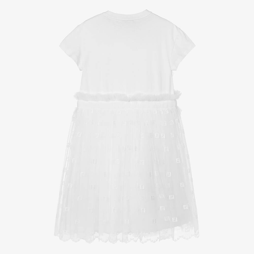 Fendi-فستان تينز بناتي قطن وتول لون أبيض | Childrensalon Outlet