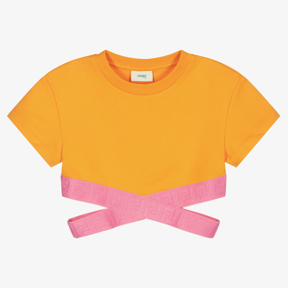 Fendi - تيشيرت قصير تينز بناتي قطن جيرسي لون برتقالي | Childrensalon