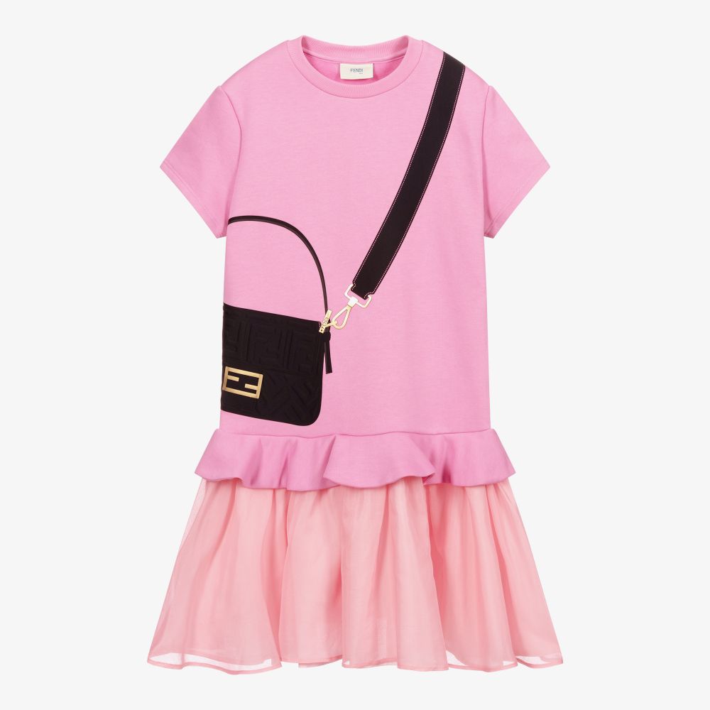 Fendi - Robe rose et noire à imprimé sac Ado | Childrensalon