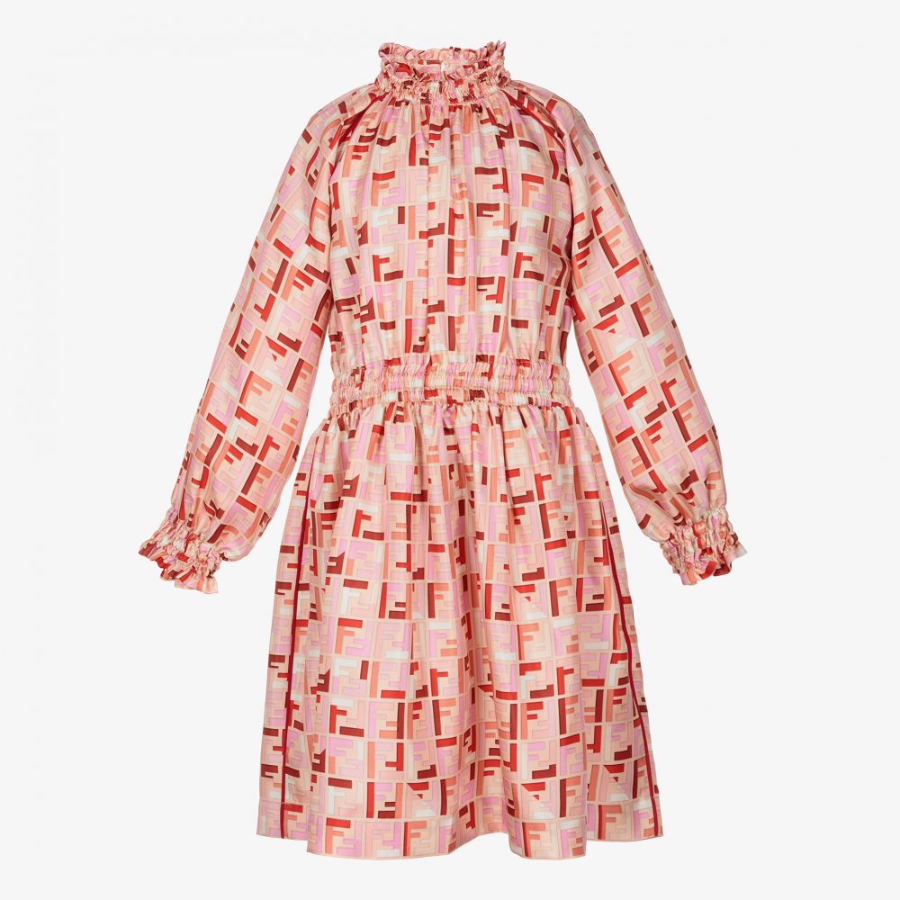 Fendi - Розовое шелковое платье с принтом FF для подростков | Childrensalon
