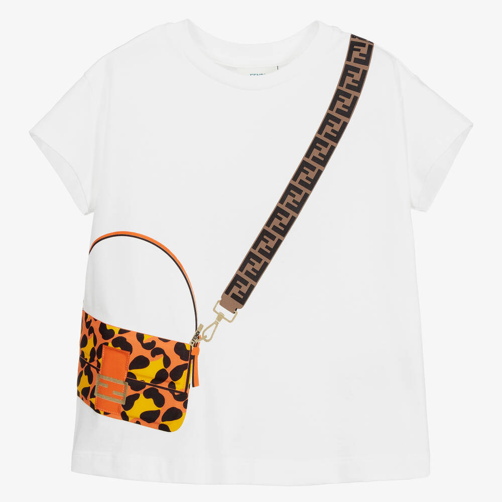 Fendi - Weißes T-Shirt mit Taschenmotiv für Mädchen | Childrensalon