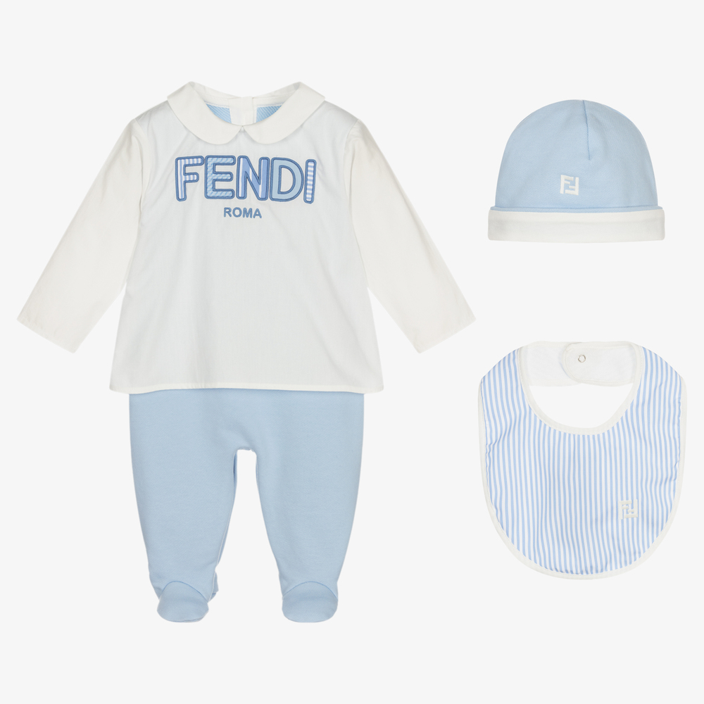 Fendi - Бело-голубой подарочный комплект с комбинезоном для малышей | Childrensalon