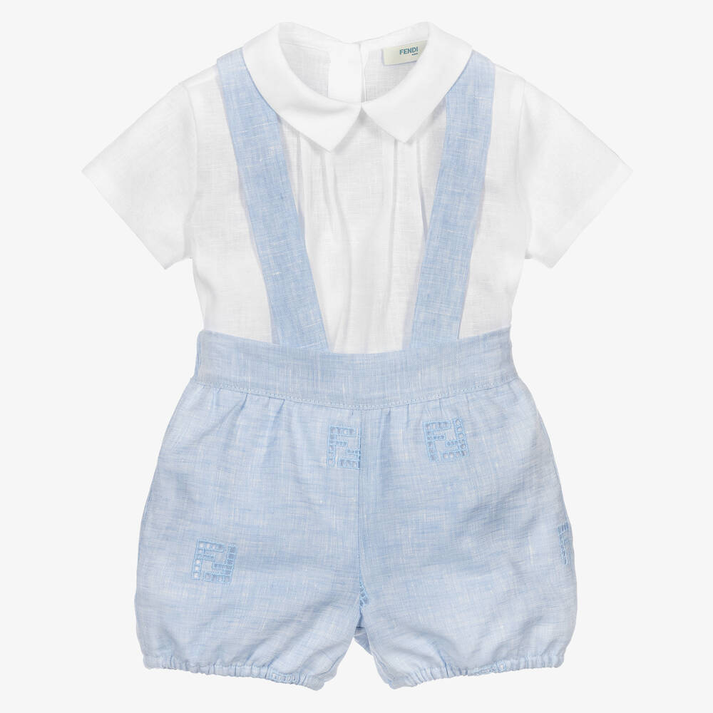 Fendi - Leinen-Babyanzug in Weiß und Blau | Childrensalon