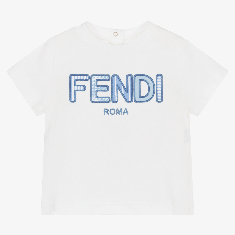 Fendi - Белая футболка с голубым логотипом для малышей | Childrensalon